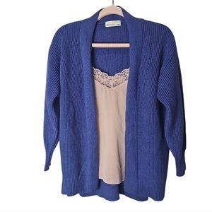 New Zenana Blue Ribbed Cardigan Sweater Size M L Open Front Pockets